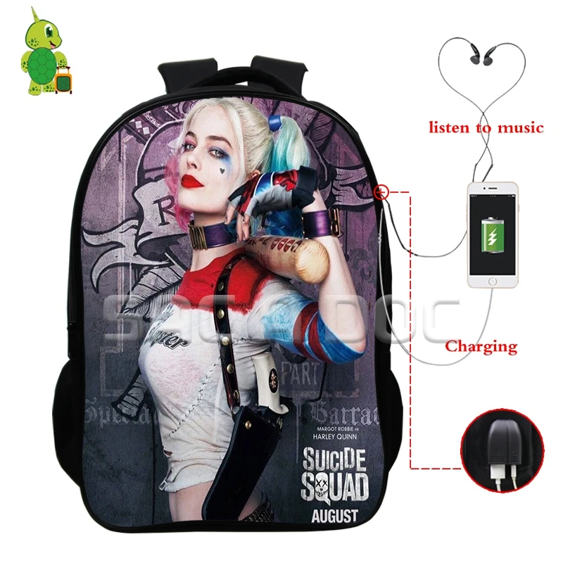 Рюкзак Харли Квинн из отряда самоубийц Джокер с USB зарядкой и разъемом для