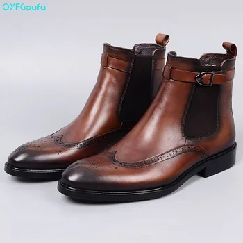 

QYFCIOUFU 2019 New Full Brogue Flat Ankle Boots For Men Custom Made Genuine Cow Skin Men's Chelsea Boots Buckle Mens Dress Boots