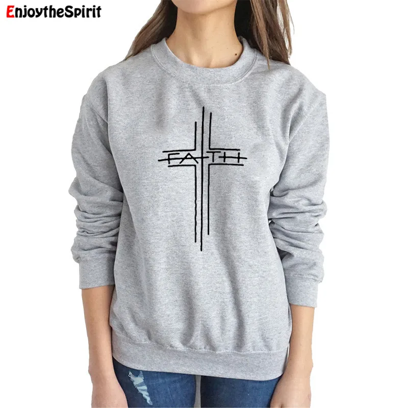 

EnjoytheSpirit Faith Women Sweatshirt Cross Printed Autumn and Winter Oversized Hoodie Women Christian Clothes Plus Size