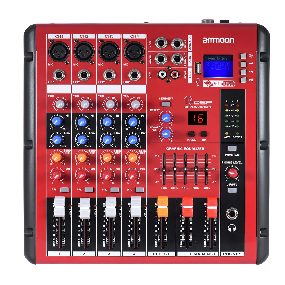 

ammoon Digital 4-Channel Mic Line Audio Mixer Mixing Console 2-band EQ with 48V Phantom Power USB Interface for Recording DJ