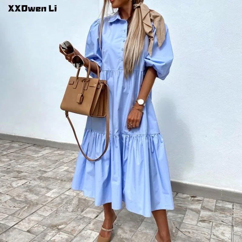 Simple Lantern Sleeve Loose Casual Button Long Dress