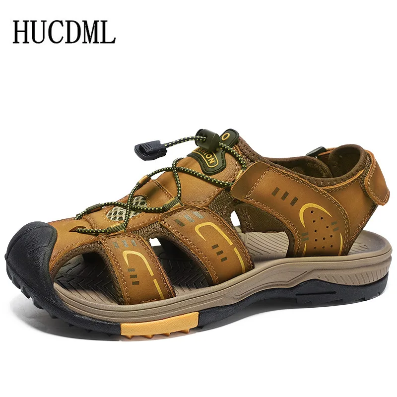 HUCDML Genuine Leather Sandals Men Beach Shoes Outdoor Casual Sneakers Breathable Slip-On Driving Mens Style |