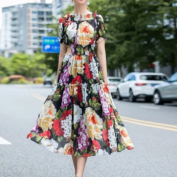 

HIGH QUALITY New Stylish Fashion 2020 Designer Runway Dress Women's Slash neck Petal Sleeve vintage Floral Print Long Dress
