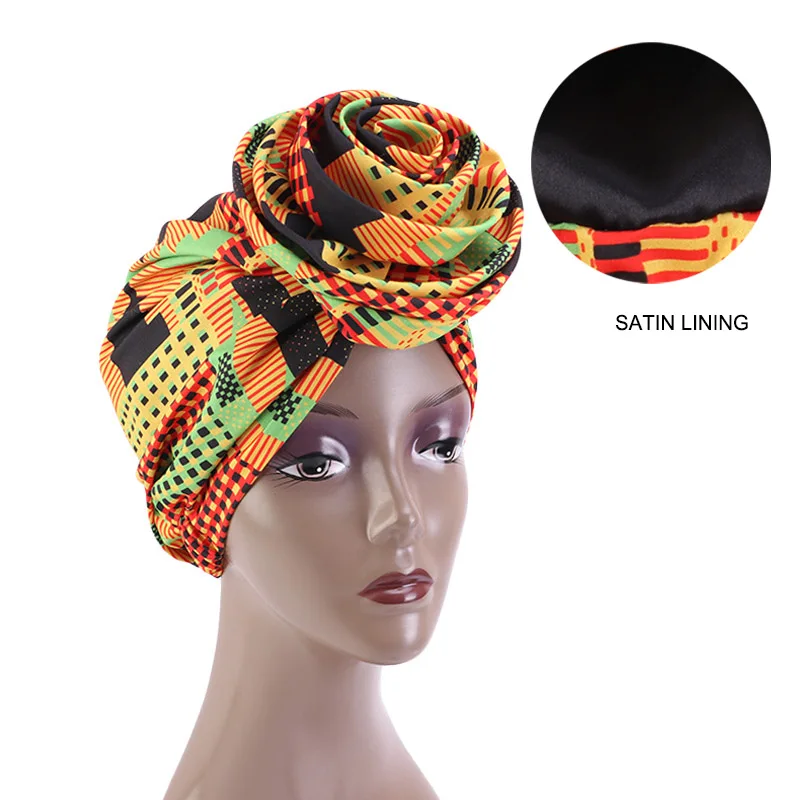 African Print Stretch Bandana Head Wrap Long Scarf Satin Floral Ankara Dashiki Women Party Turban Headwear Cap Hair Accessories