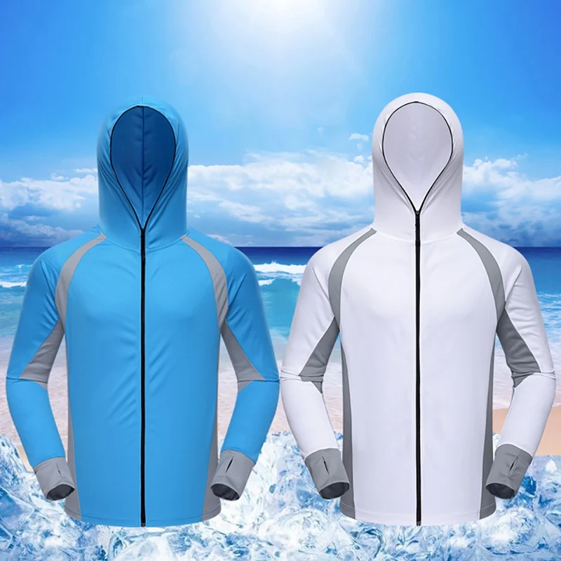 

Long Sleeve Zipper Sunshade Ocean Fishing Jacket Men Anti-slip Quick Drying Ice Silk Hooded Shirts Summer Clothing