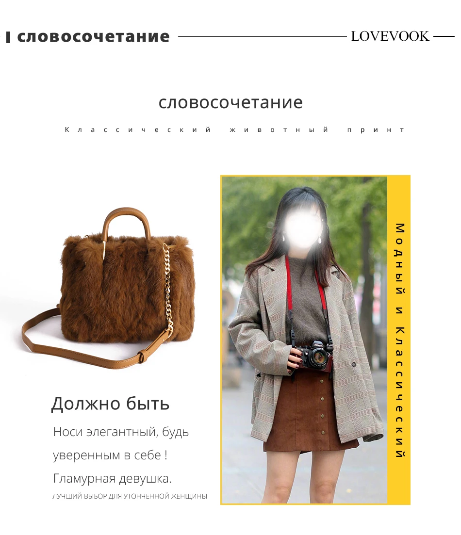 LOVEVOOK женская сумка с верхней ручкой из натурального кроличьего меха, сумки через плечо для дам с цепочкой, женская сумка на плечо для зимы