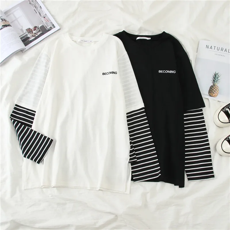 

Harajuku T-shirt Women Oversize Tshirts Female Patchwork Long Sleeve Women's T Shirt Tee Tops Casual Loose Woman Tee Shirt Top