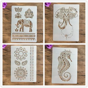 

4pcs / set A4 Mandala elephant seahorse Stencils Painting Coloring Embossing Scrapbook Album Decorative Template stencil