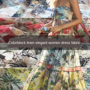 

Brand new natural linen coconut tree printed customized fashion ladies shirt diy fabric cloth for dress per meter material