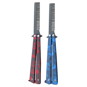 

2pcs Stainless Steel Butterfly Training Combs Vintage Skeleton Folding Knife Practice Hair Brushes - Red & Blue
