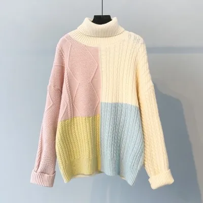 H. SA/Зимний пуловер с высоким воротником и свитера; цветной Повседневный свитер в стиле пэчворк; топы ярких цветов; Джемперы в стиле ретро - Цвет: HF19369 Pink