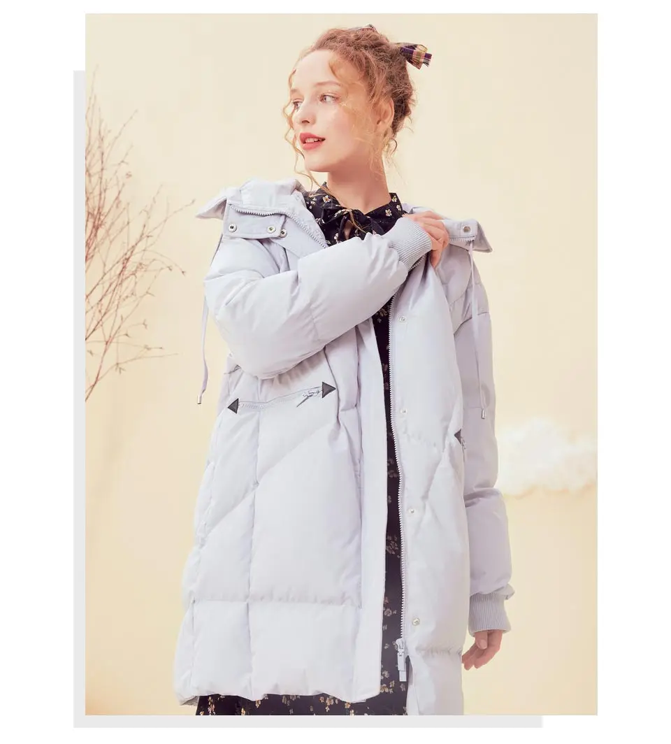 Metersbonwe, Зимняя женская куртка средней длины с капюшоном, пуховик на белом утином пуху, Женское пальто, Модное теплое уличное зимнее пуховое пальто