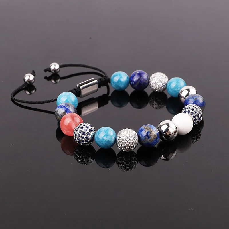 New Design 10mm Colorful Natural Stone Amethyst/Rose Quartz/Jade Beads CZ Pave Charm Friendship Macrame Bracelet Women - Image 3
