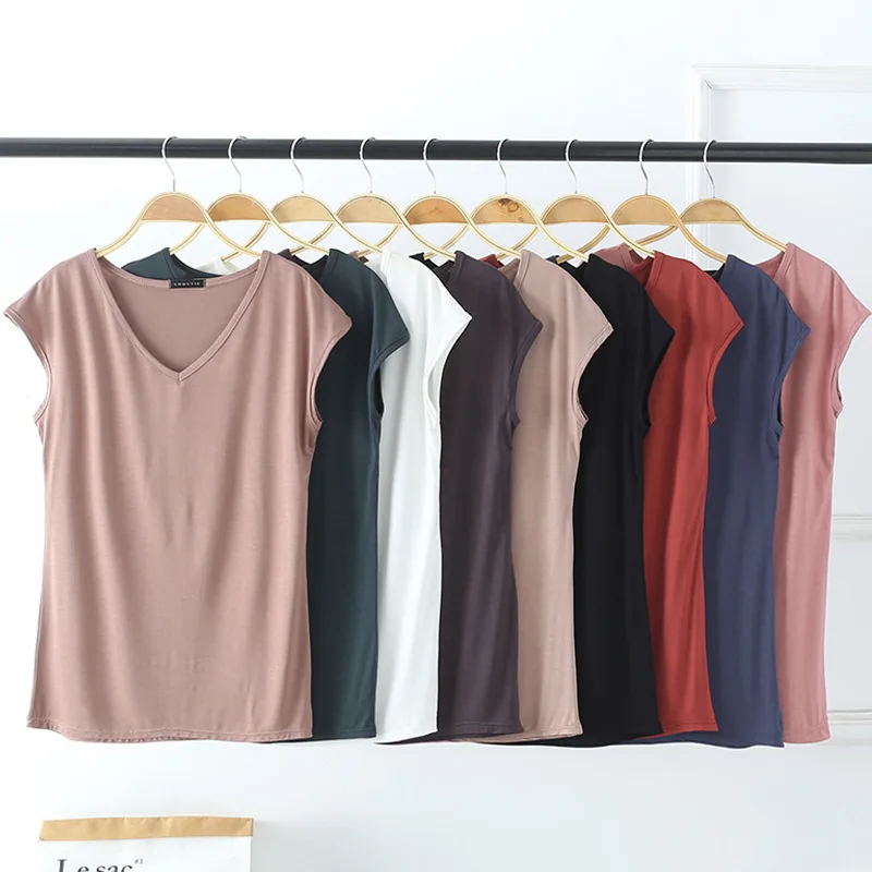 Solid V Neck Basic Tshirt Women summer modal Loose Tee Tops Casual undershirt M to 2XL235_voghion.com