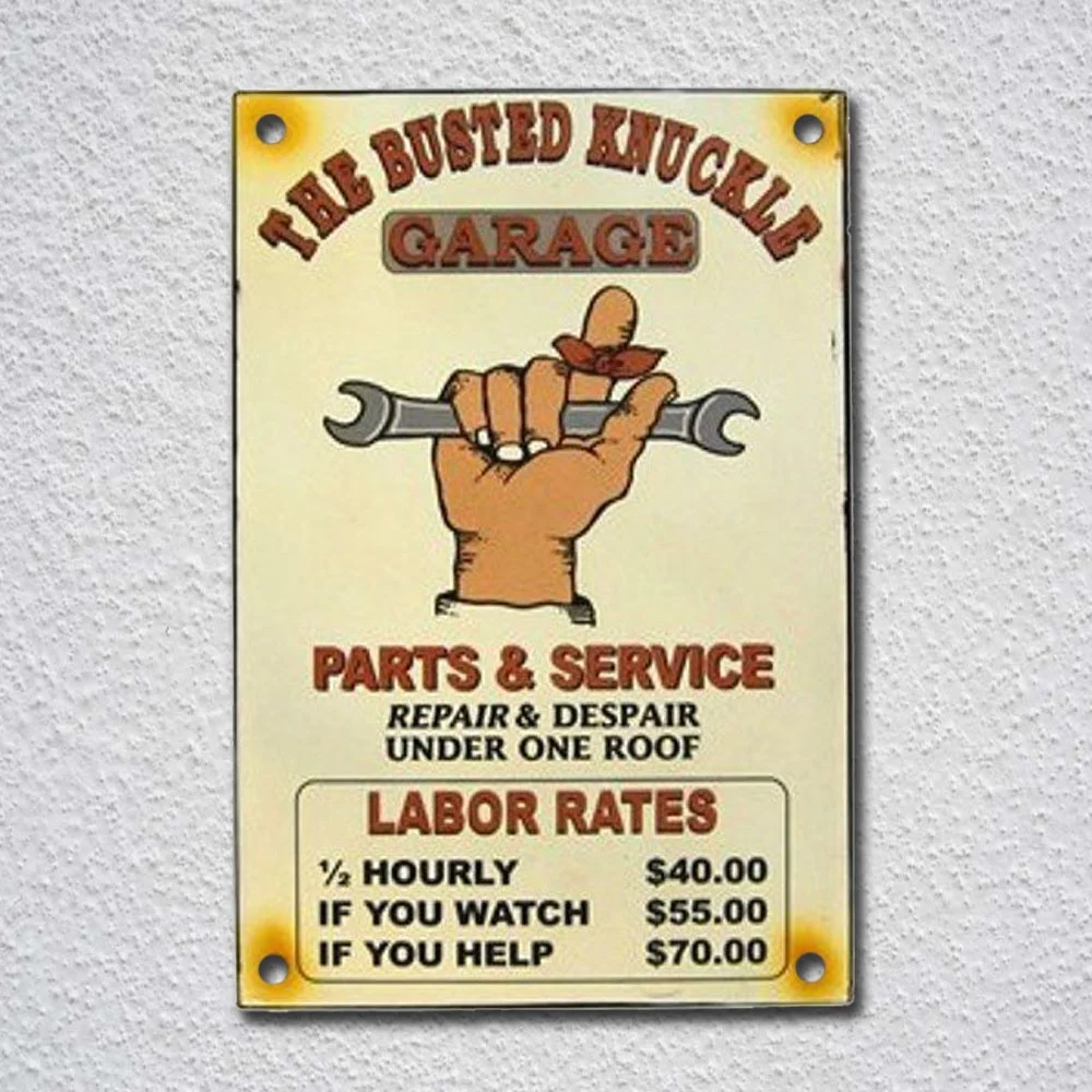Busted Knuckle Gas Oil Metal Tin Sign Garage Auto Shop Station Funny Decor Gift 