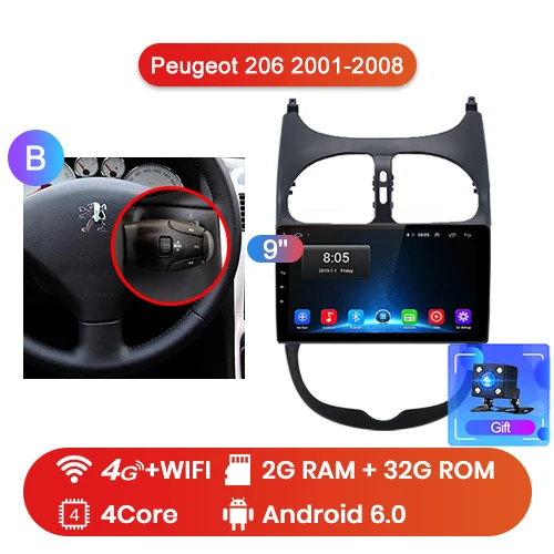 Junsun V1 pro 4G+ 64G CarPlay Android 9,0 DSP для peugeot 206 2001-2008 автомобильный Радио Мультимедиа Видео плеер gps RDS 2 din dvd - Цвет: 4G-WIFI 2-32GB-B