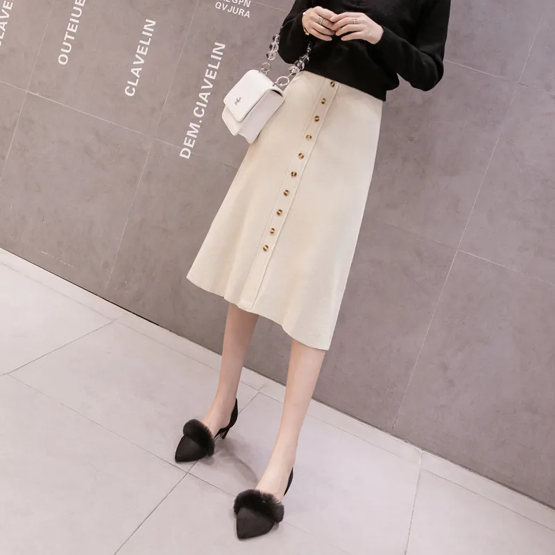 Apricot dress Элегантные миди-юбки с высокой талией, эластичная трикотажная юбка на пуговицах, женская зимняя теплая юбка-трапеция - Цвет: Apricot dress