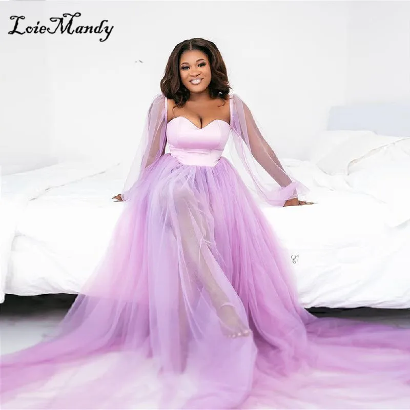 

Modish Lavender Tulle Prom Dresses 2021 Formal Long Sleeves Dress Woman Party Night Sweetheart A-line Rochii Vestido de festa