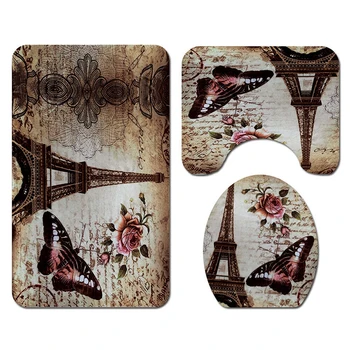 

Eiffel Tower Print Bathroom Carpet Shower Curtain Toilet Lid Cover Foot Pad Set Durable And Practical To Use