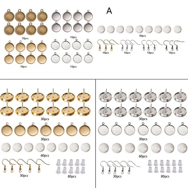 

230 PCS 12mm Earring Wire Hooks with Glass Cover Cabochon Setting Alloy Drop Earrings Bezel Trays Kit for Jewelry Making