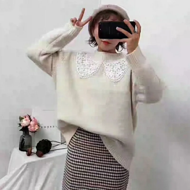 2019 Весна и Осень Новый женский свитер сплошной цвет вязаный с длинными рукавами