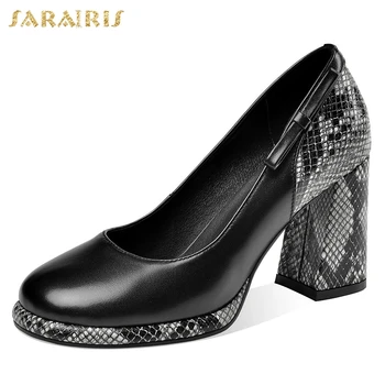 

Sarairis On Sale Trendy Snake Veins Square High Heeled Genuine Leather Natural Skinwomen's Shoes Woman Pumps