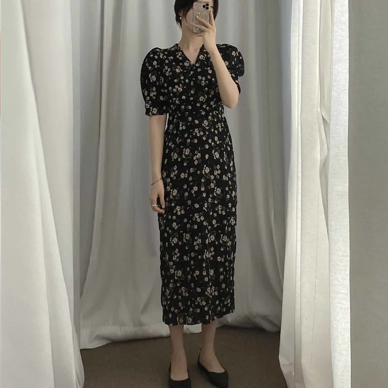 2020 Summer Fashion Chiffon A Line Dresses Korean V-Neck Lace Up Dress Female Vintage Chic Puff-Sleeve Floral Print Dress Female