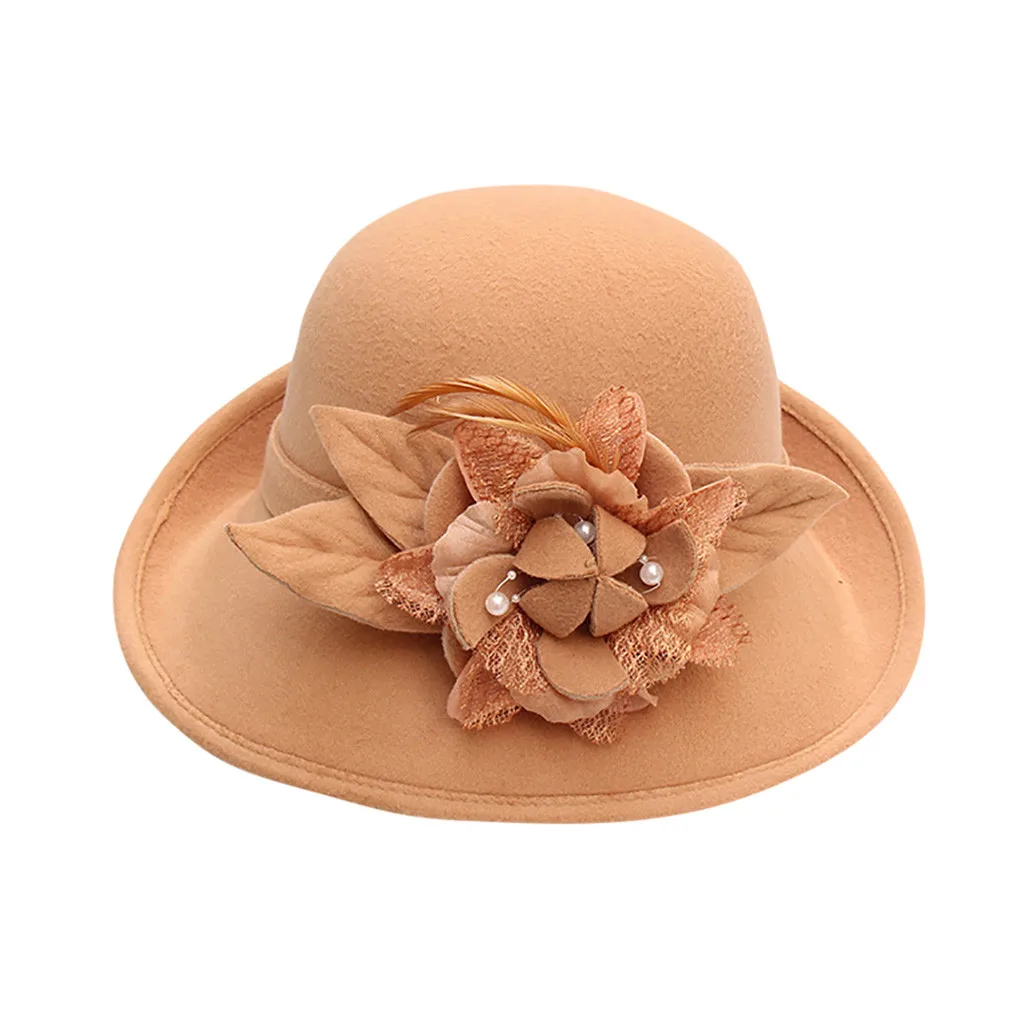 Шапки Весна Зима Новая мода для женщин Твердые Перья цветок жемчуг вьющиеся Формальные шляпа элегантный дизайн шерсть шапки# D3 - Цвет: Хаки