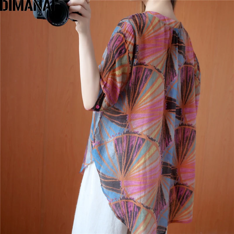 DIMANAF Summer Plus Size T-Shirts Women Clothing Lady Tops Tees Tunic Vintage Loose Cotton tshirt Print Shirt Button Beading