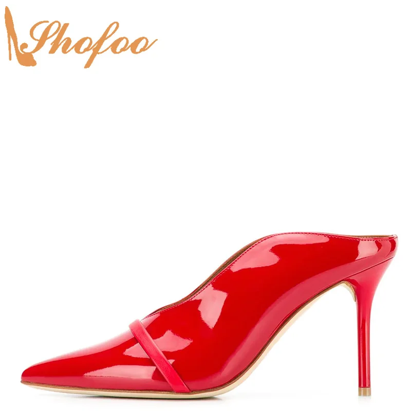 

Red Patent Leather Stilettos Strap Pointed Toe Slingbacks Pumps Woman High Thin Heels Ladies Office Shoes Large Size 45 Shofoo