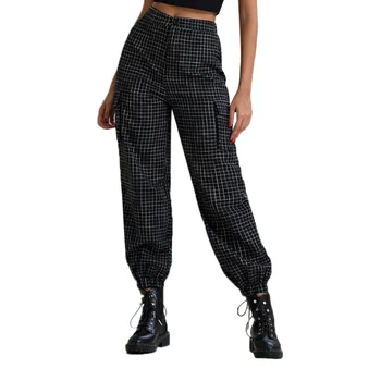 

Women High Waist Loose Trousers Harajuku Plaid Print Streetwear Cargo Pants Pockets Casual Female Long Pants Black