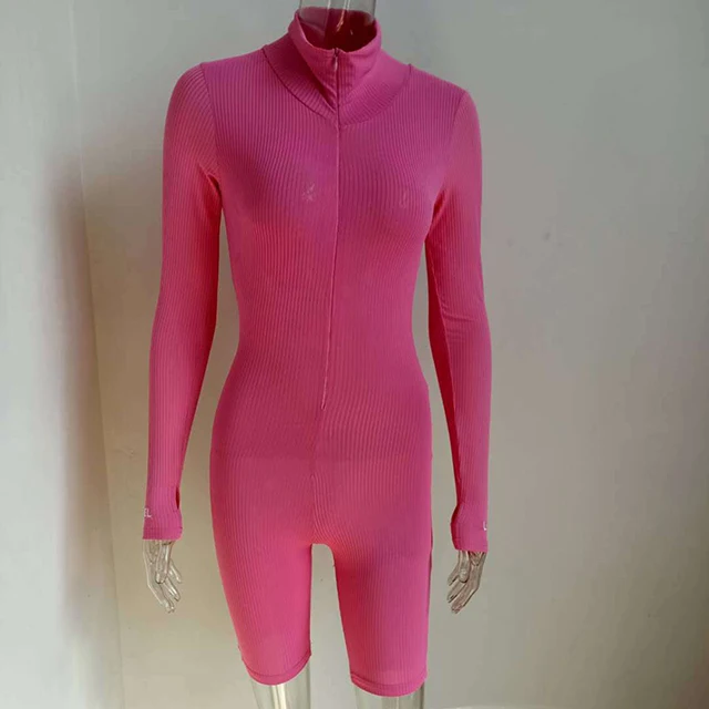Plus Jumpsuit For Women Romper 2020 Lucky Label Long Sleeve Casual Skinny Turtleneck Catsuit Zipper Sport Wear Bodysuit Black Short Pink