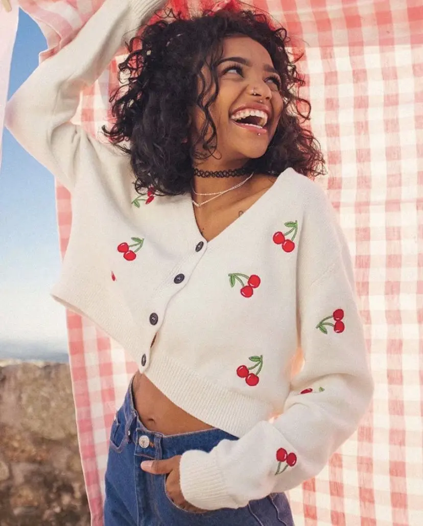 2020 nuevo de punto suéteres de las mujeres manga larga cuello V Casual suelto Cherry Tops cortos con estampado Abrigos Mujer ropa de primavera otoño