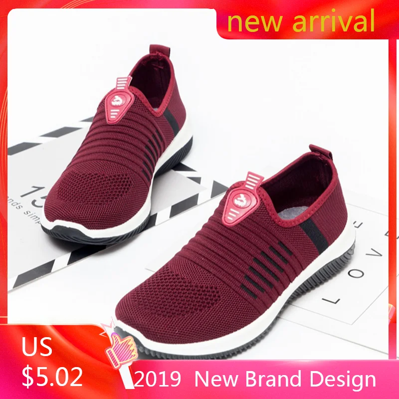 

plus size breathable air mesh sneakers women 2019 spring summer slip on platform knitting flats soft walking shoes woman#N3