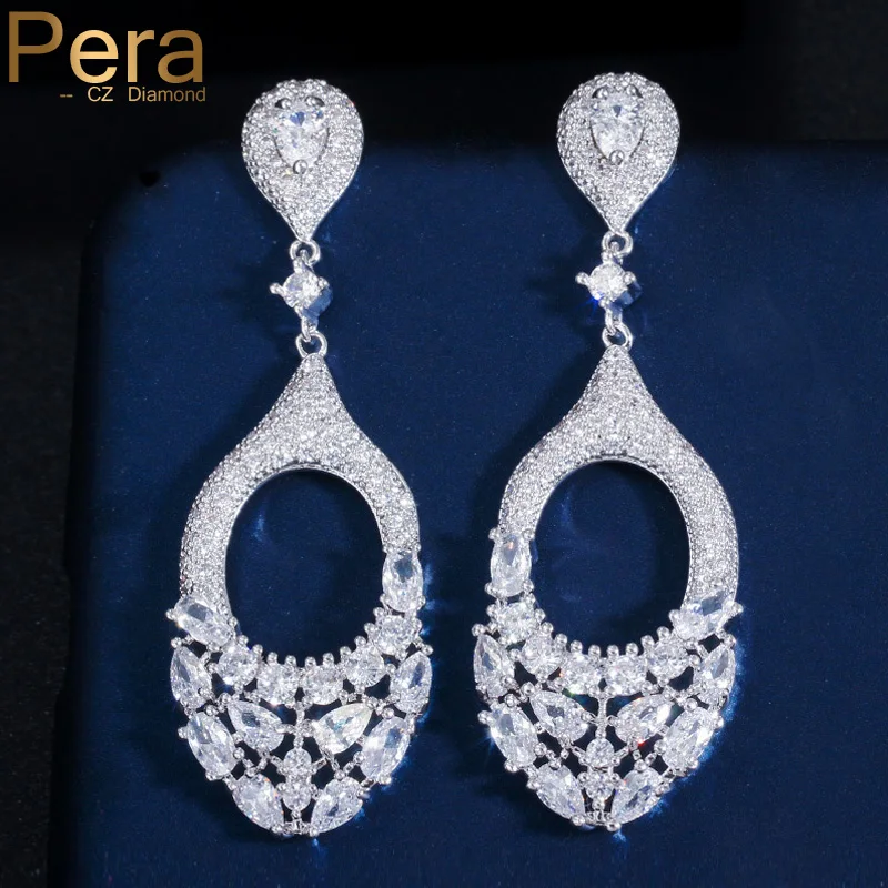 

Pera Sparkling Women White Cubic Zirconia Bohemian Hollow Cut Long Big Round Drop Hanging Earrings for Party Prom Jewelry E429