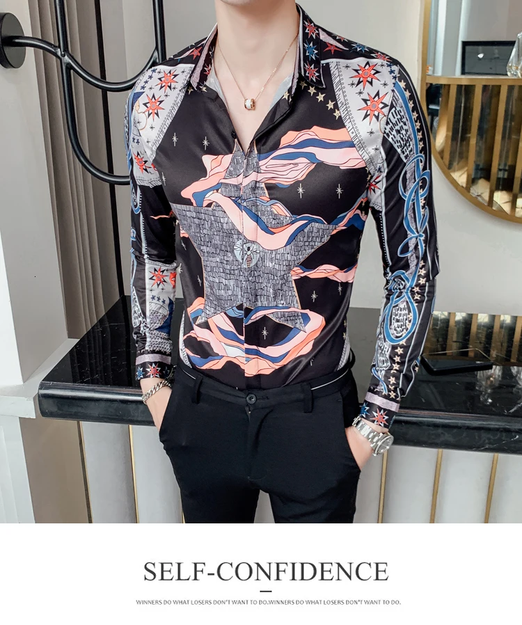 Уличная модный принт Для мужчин s Повседневная рубашка Slim Fit Для мужчин рубашка платье Вечерние смокинг Camiseta корейский Для мужчин одежда рубашка Для мужчин