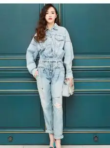 Blue Модный костюм брюки с дырками комбинезон свободная одежда из двух предметов - Цвет: Blue