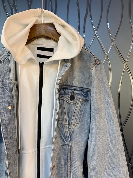 Early Autumn New Female Necklace Draw-rope Connecting Cap Stitching Denim Decorative Zipper Long Sleeve Short Coat 817