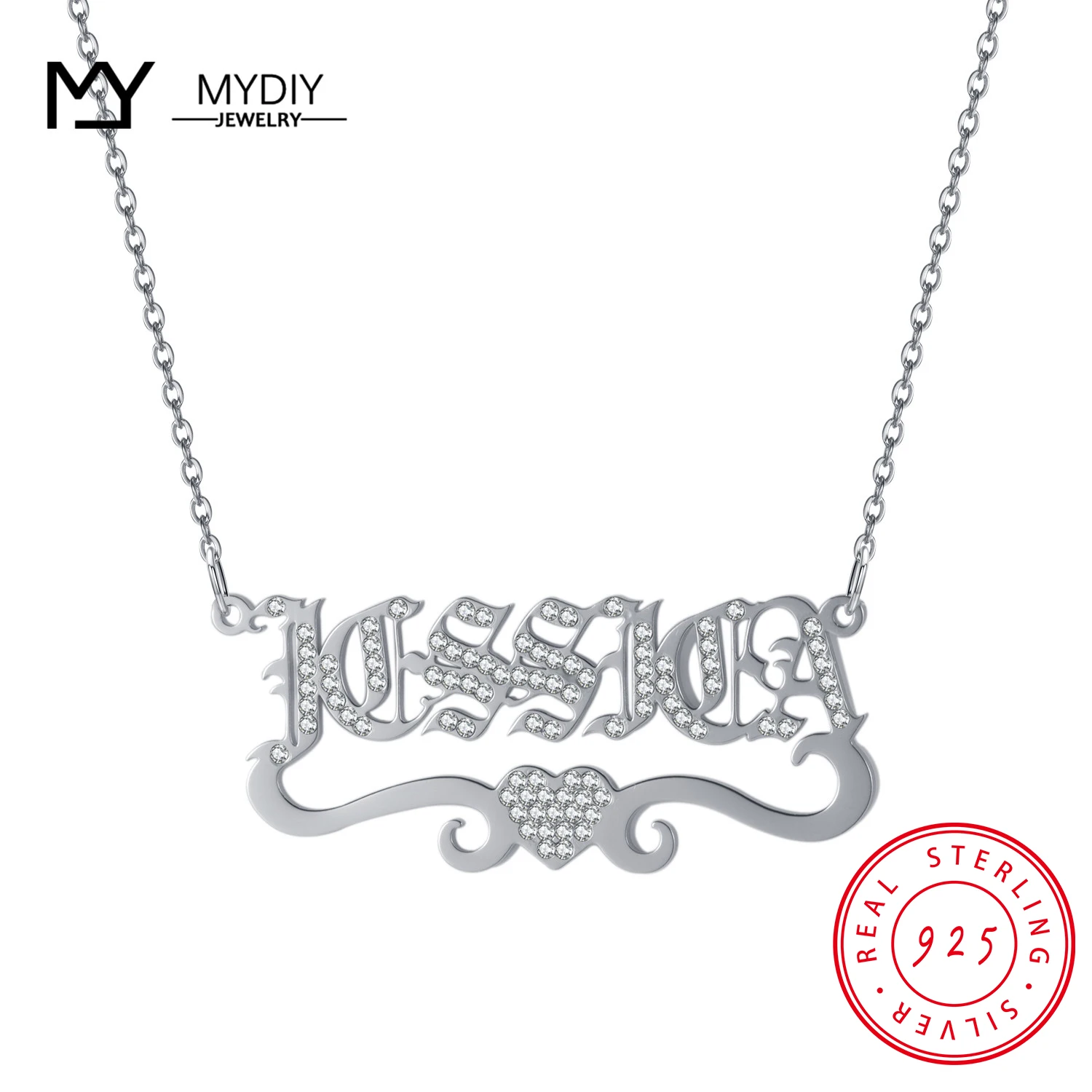 MYDIY 925 Sterling Silver Custom NameShiny Full Zircon  Love Pendant Necklace Women's Pendant Clavicle Chain Necklace Jewelry