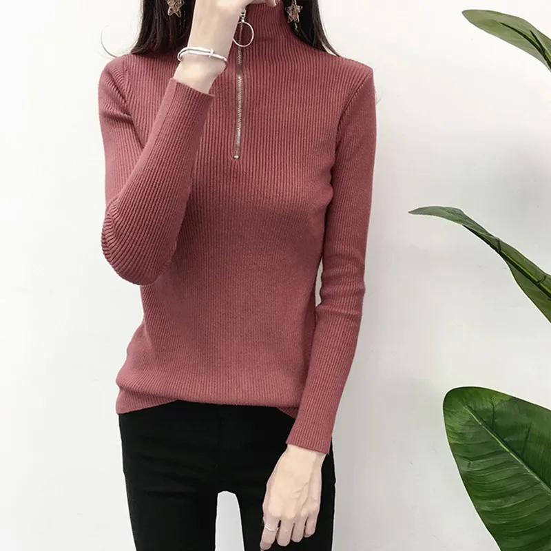 Women Sweaters Zipper Stretch Ladies Sweaters Long Sleeve Plain Autumn Tops Knit Long Sleeve Sweater