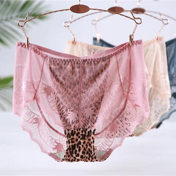 

3 Pcs/lot Plus Size Women Panties Chic Lace Sheer Leopard Print Breathable Briefs Underwear Wholesale Lots Bulk Gifts for Women