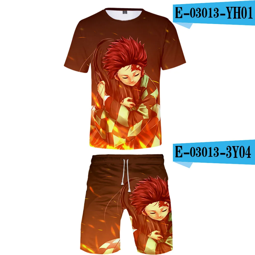 Demon Slayer Kimetsu no Yaiba Cool Harajuku Fashion New Arrival 3D Streetwear two piece set O-neck tshirt and shorts Men's Set - Цвет: Слоновая кость