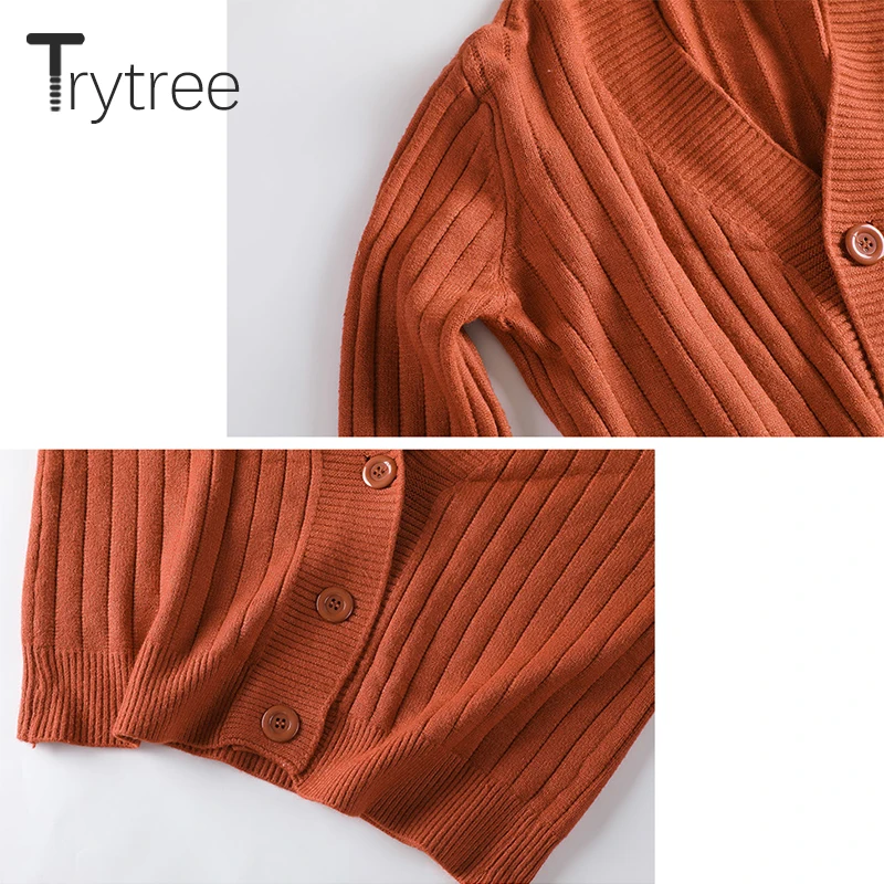 Trytree осень зима женский свитер Повседневный с v-образным вырезом с расклешенными рукавами однобортный компьютерный трикотаж однотонный 4 цвета свитер кардиган