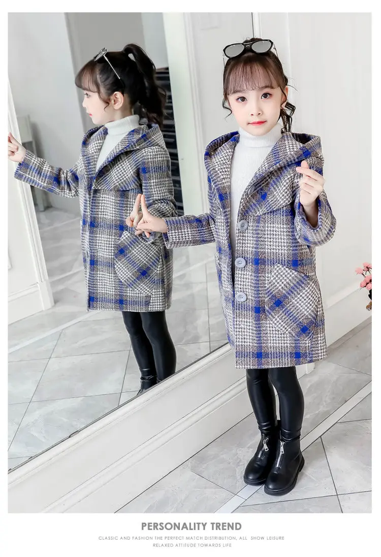 Детское шерстяное пальто в клетку для маленьких девочек, однобортное пальто с капюшоном для девочек, верхняя одежда, зимняя плотная теплая одежда, зимний комбинезон, От 4 до 13 лет