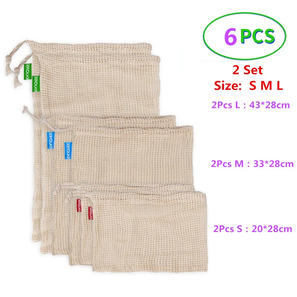 pces reusável saco vegetal lavável algodão malha saco eco string sacos para legumes frutas compras cozinha armazenamento organizador