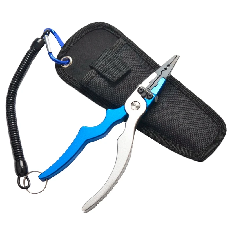 

Aluminum Alloy Fishing Pliers Split With Sheath And Retractable Tether Combo Blue