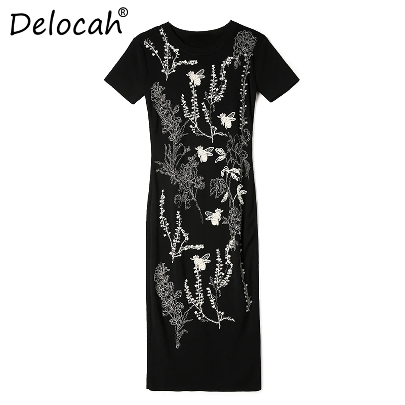 Delocah, модное осеннее трикотажное платье для подиума, женское элегантное платье с короткими рукавами и вышивкой бисером, повседневное приталенное платье миди