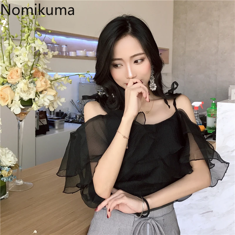 Женский сетчатый топ Nomikuma однотонный на бретельках с оборками летний в Корейском