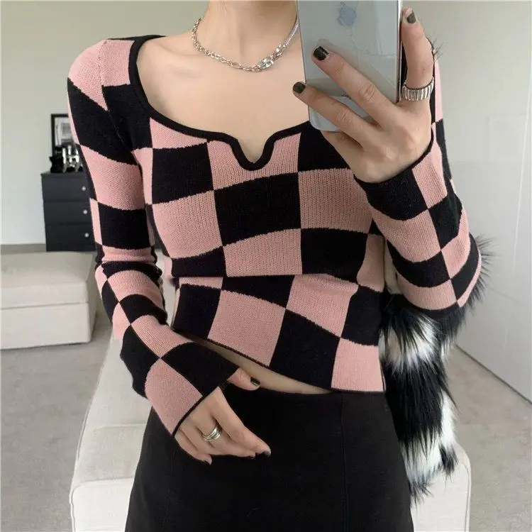 Tonngirls Knitted T Shirt Women Long Sleeve Checkerboard Plaid Square Collar Ladies Tops 2022 Korean Slim Skinny Cropped Tees cheap graphic tees