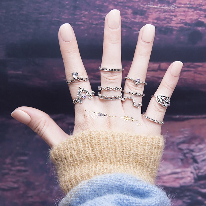 Античное серебро Boho массивные кольца на фаланг пальца для женщин 10 шт./партия полые цветочные циркониевые кольца миди индийский ювелирный подарок